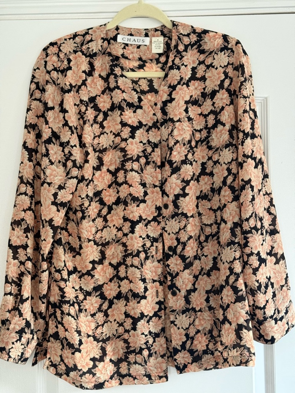 Chaus Black Button-Down Shirt with Peach Floral Pattern